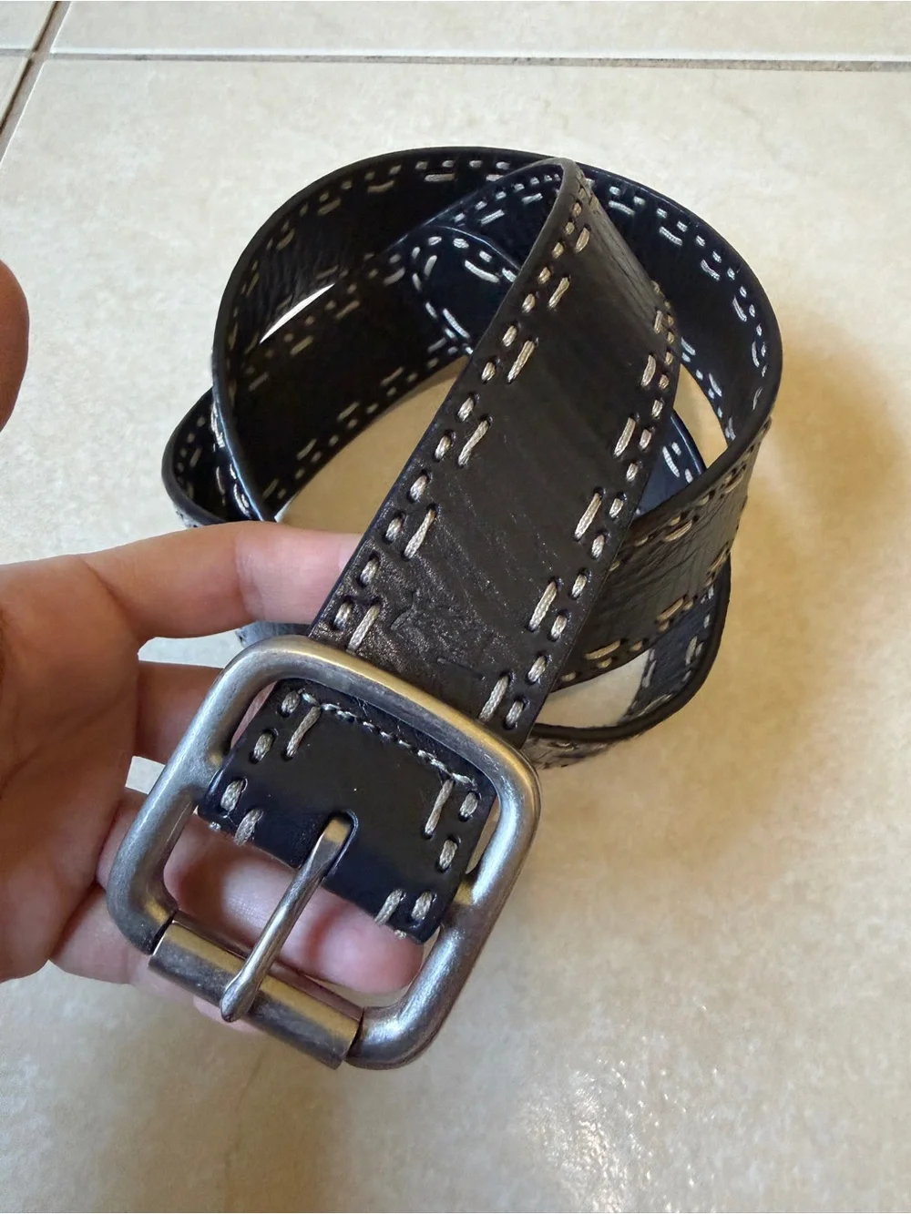 Fossil Brand Stitch Genuine Leather Men’s  Belt  Black Size Large